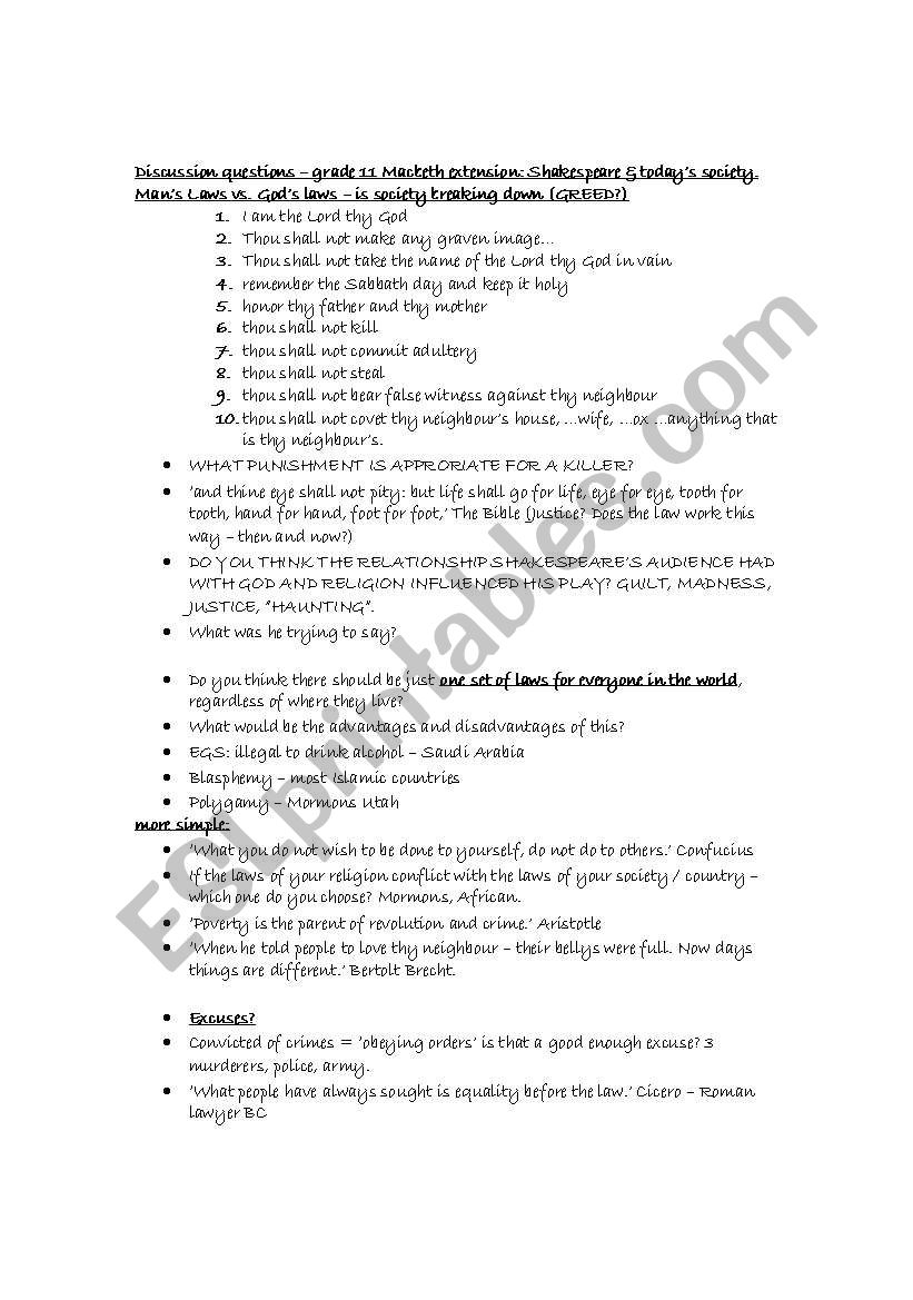 macbeth - discussion questions. Let´s think! - ESL worksheet by emily-jane