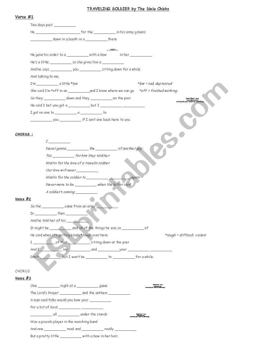 English worksheets: Travelin´ soldier