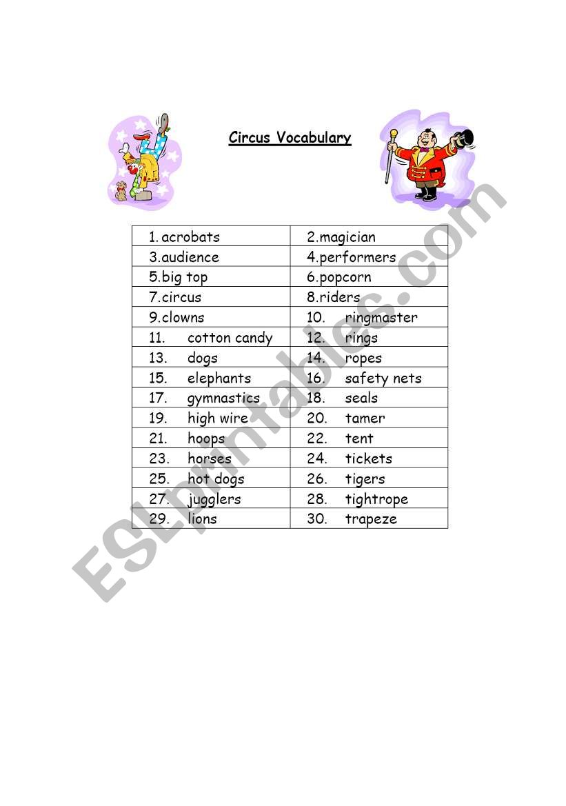 Circus Vocab worksheet