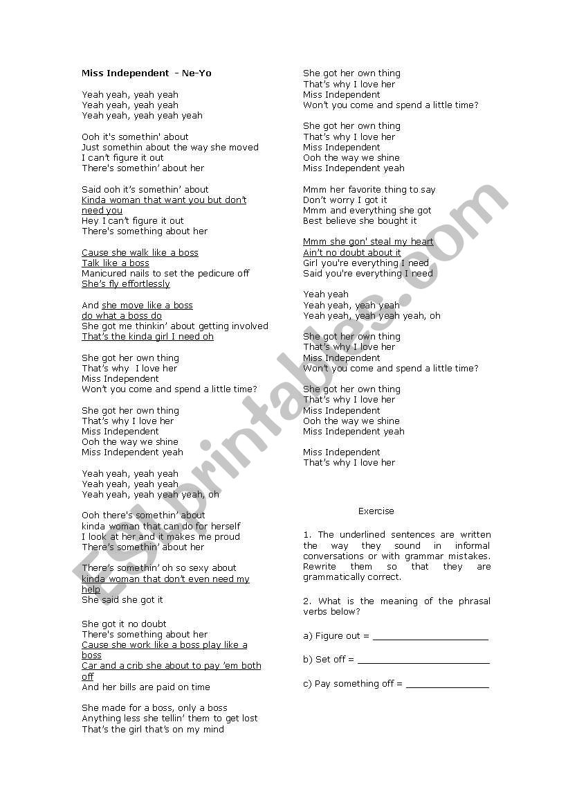 Song: Miss Independent worksheet