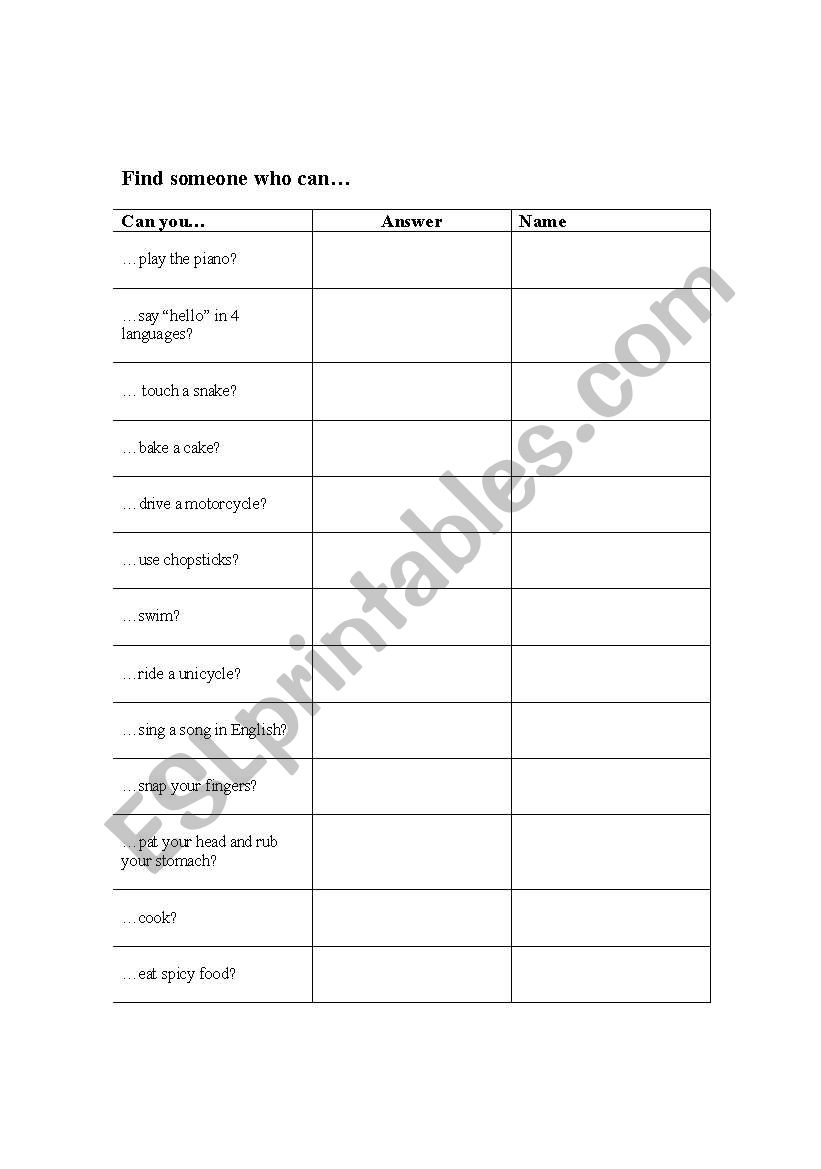 Find Someone Who Can... worksheet