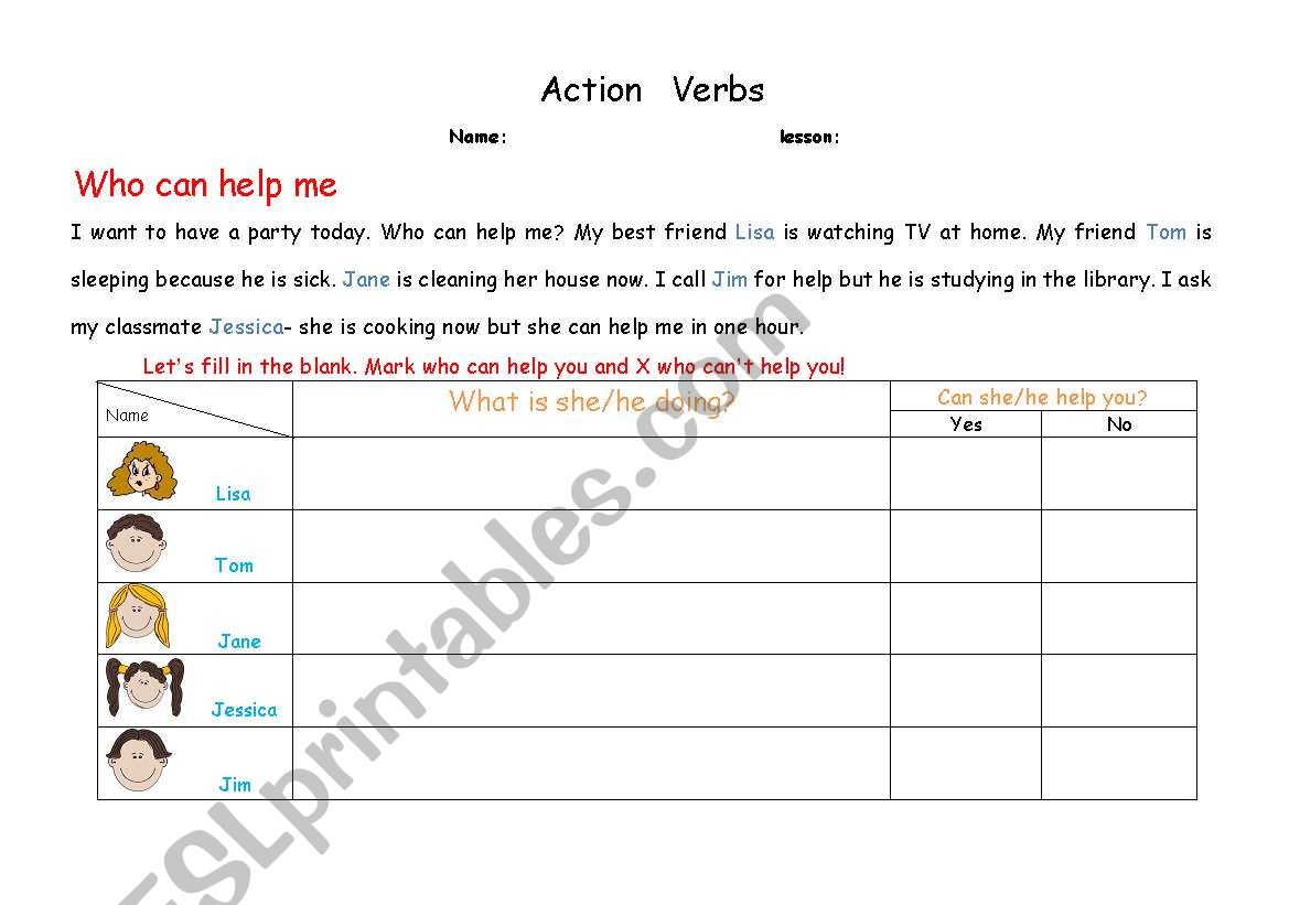 Action Verbs worksheet