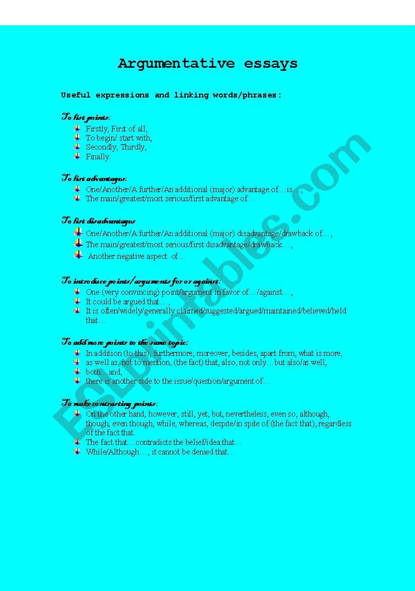 Argumentative essays worksheet