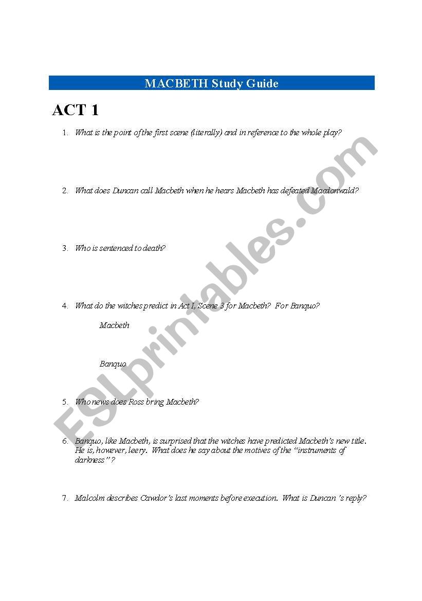 Macbeth Study Guide worksheet