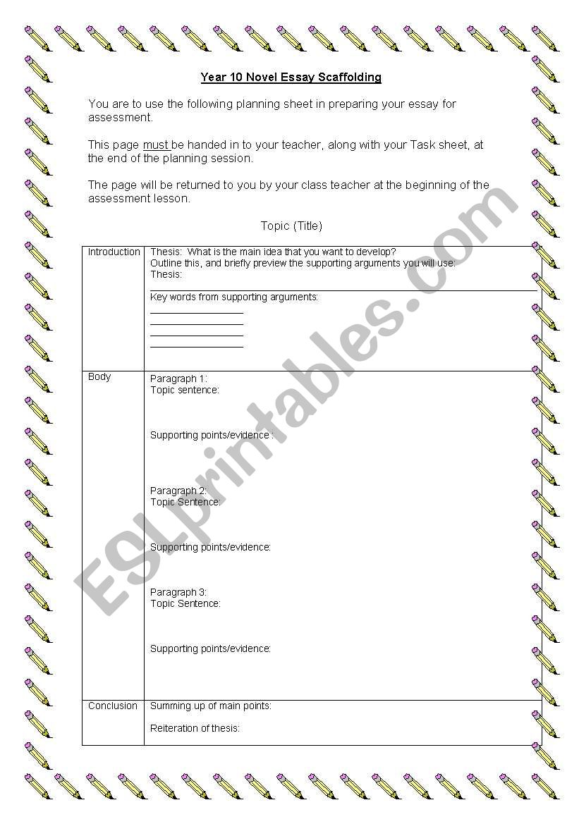 Novel essay worksheet