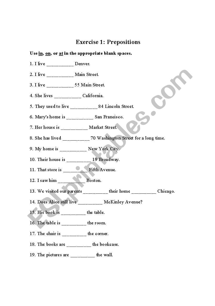 Exercises in prepositions worksheet