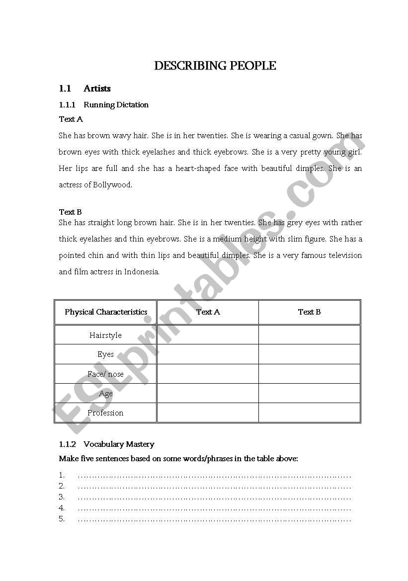 Describing people worksheet