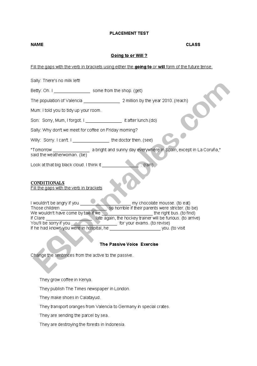 placement test worksheet