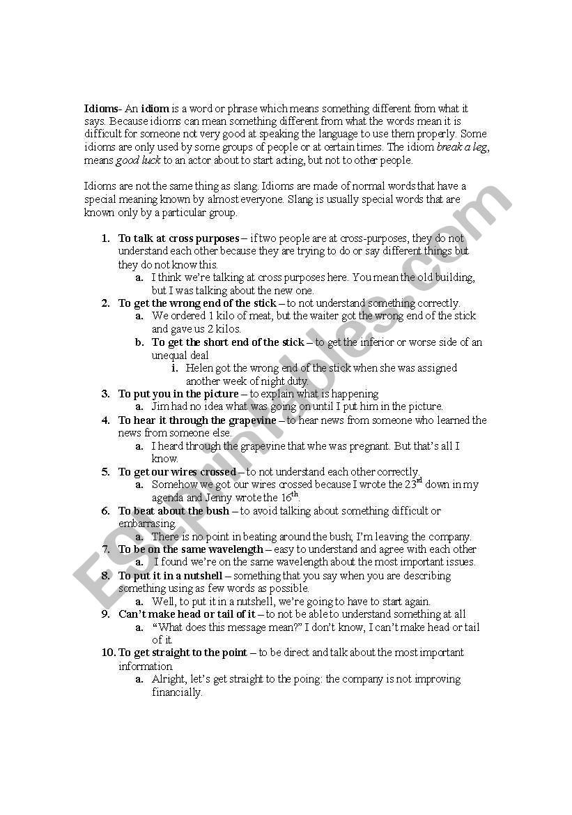 Idioms worksheet