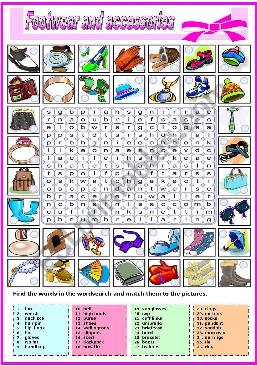 FOOTWEAR AND AND ACCESSORIES-WORDSEARCH (B&W VERSION INCLUDED) - ESL ...