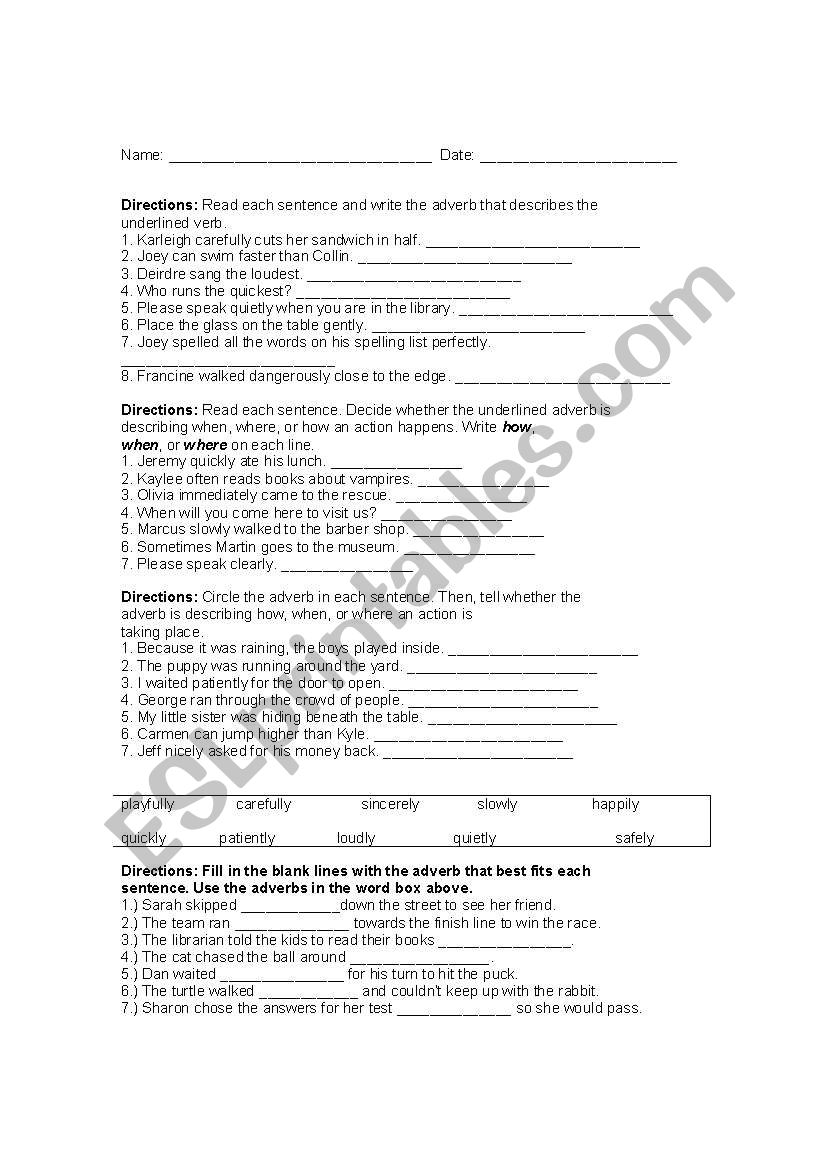 adverb worksheet worksheet