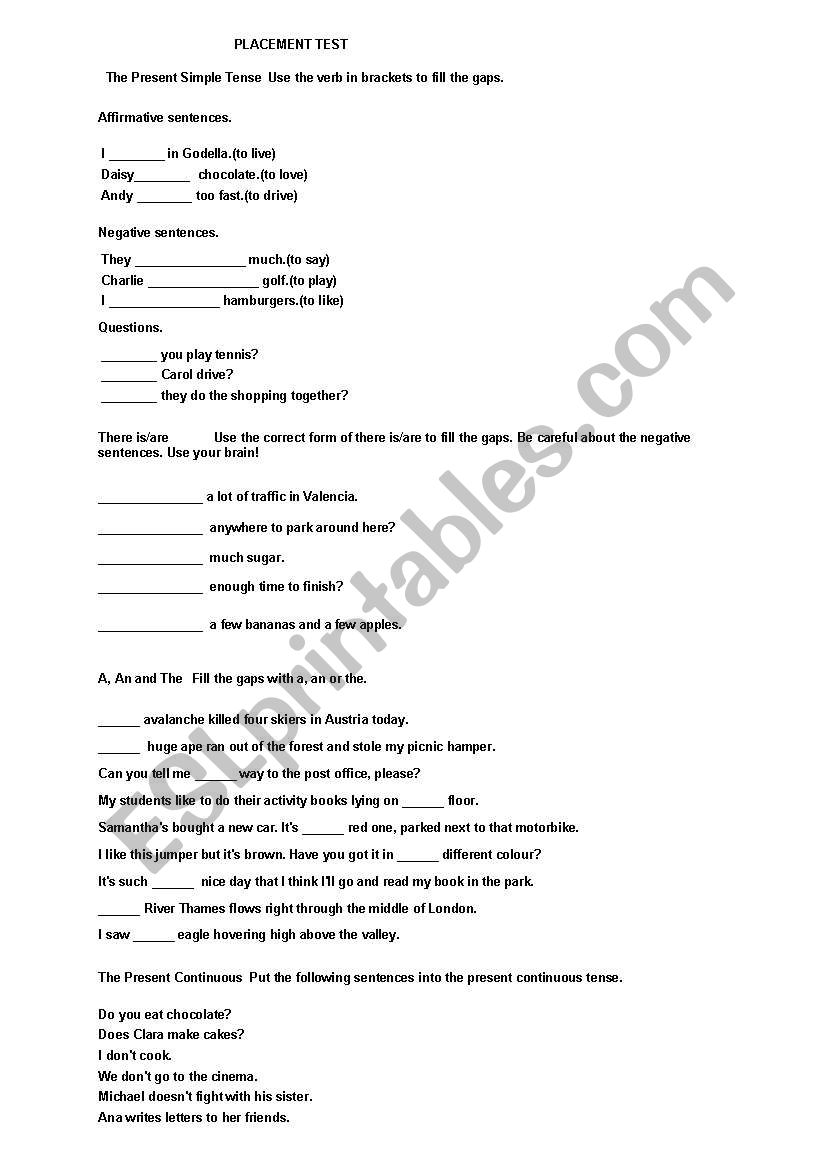 placement test worksheet