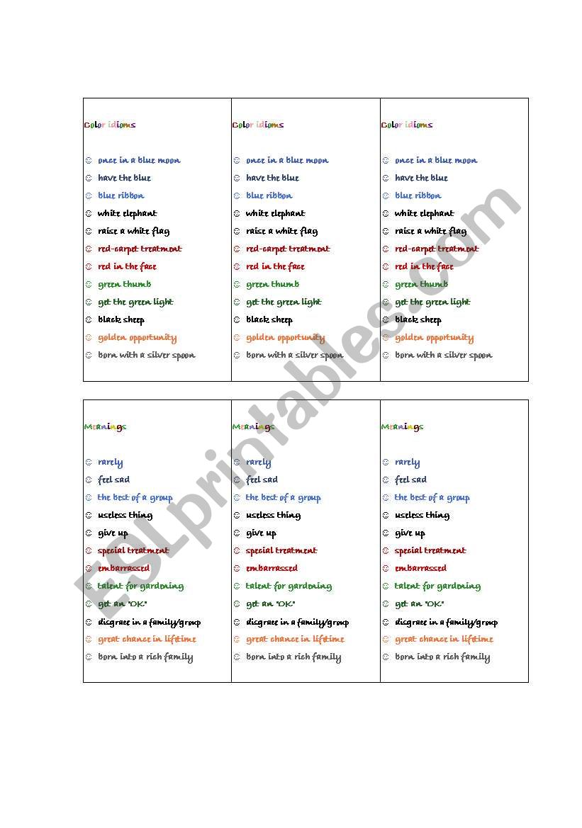 color idioms(bookmark) worksheet