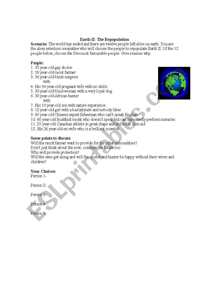 Earth II: The Repopulation worksheet