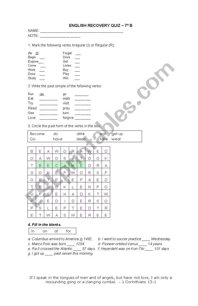 English Quiz - Level Seventh Grade