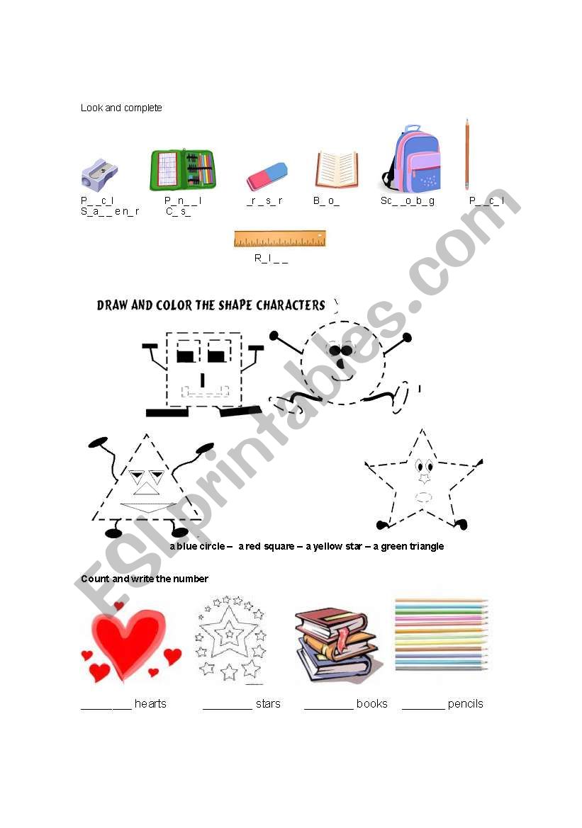 school objects-shapes-numbers worksheet