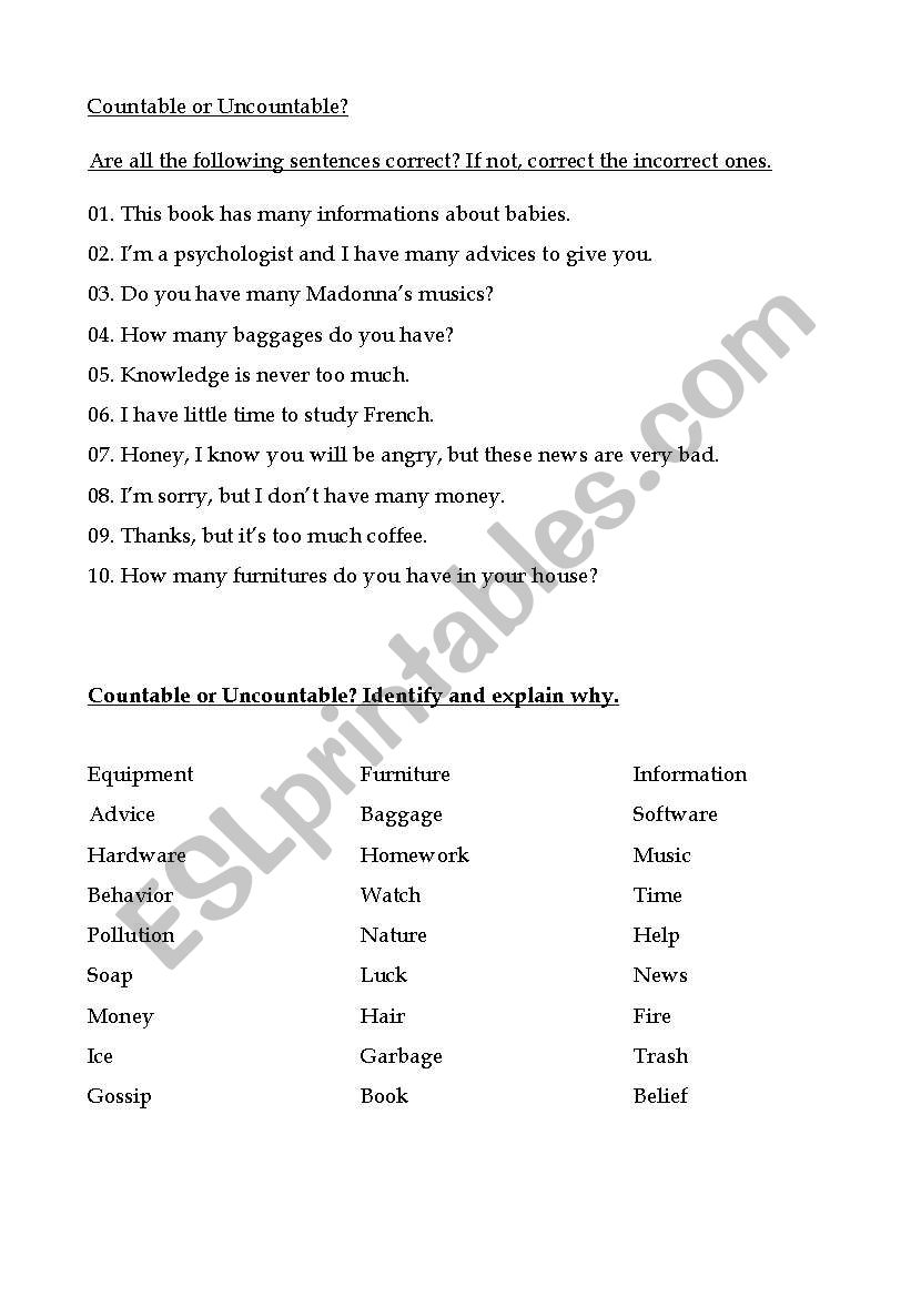 Countable or Uncountable? worksheet