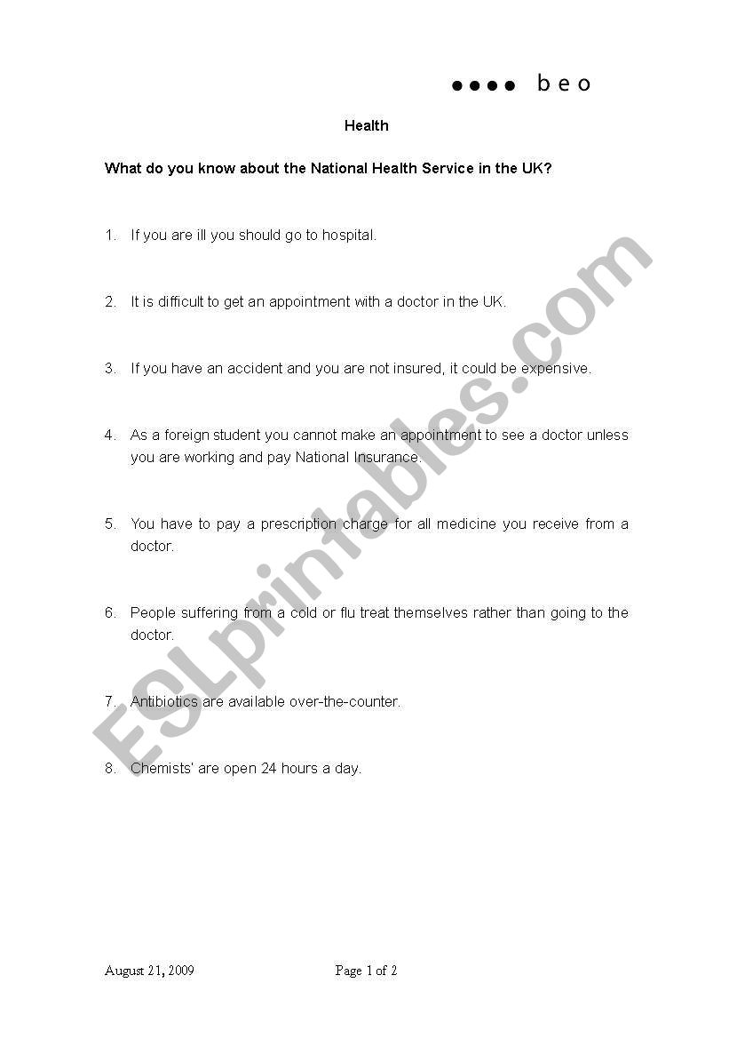 Health care discussion worksheet
