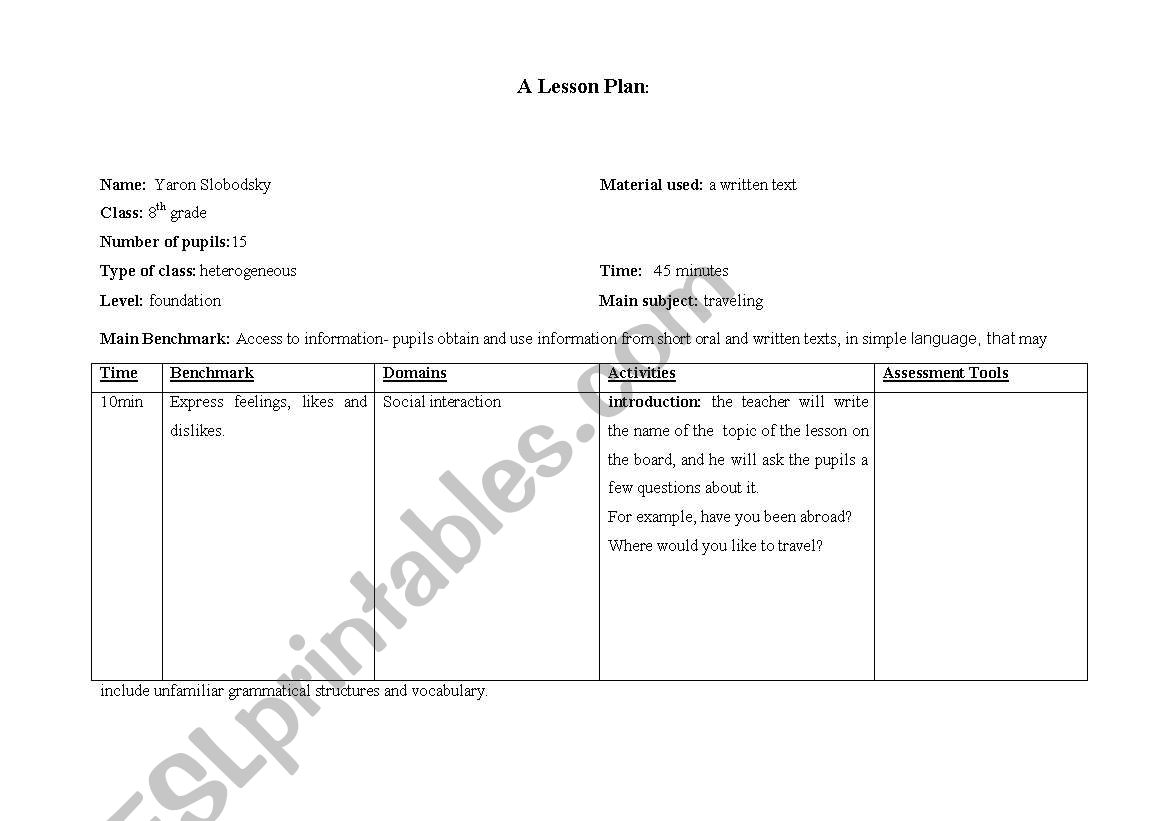 Traveling worksheet