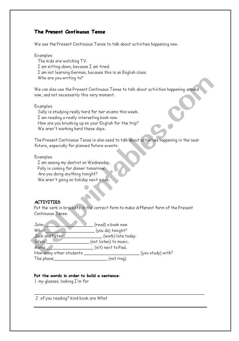 present continuous tense worksheet