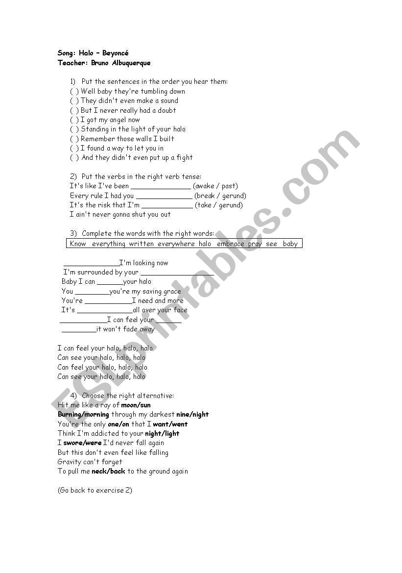 song: halo - beyonc worksheet