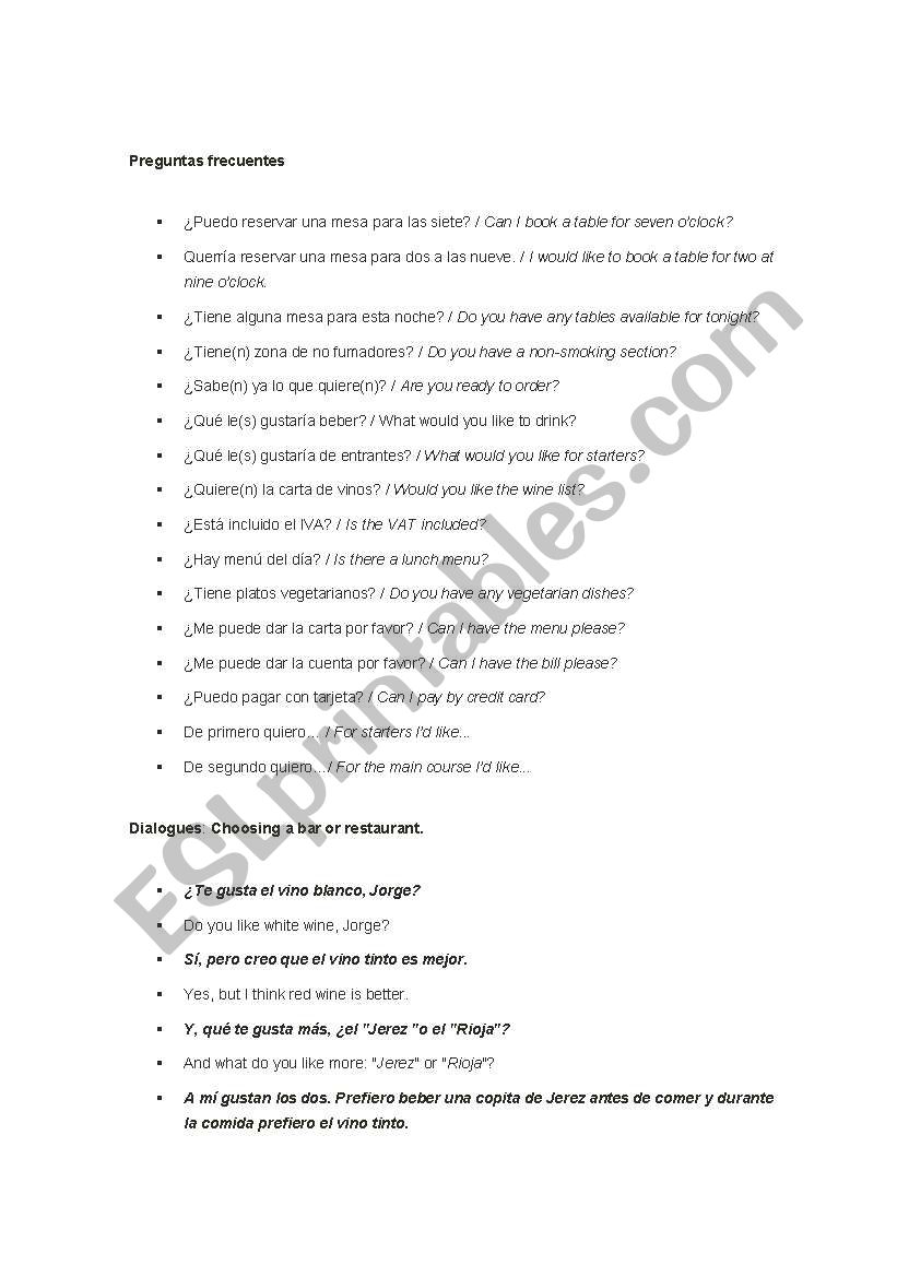 Restaurant 2 worksheet