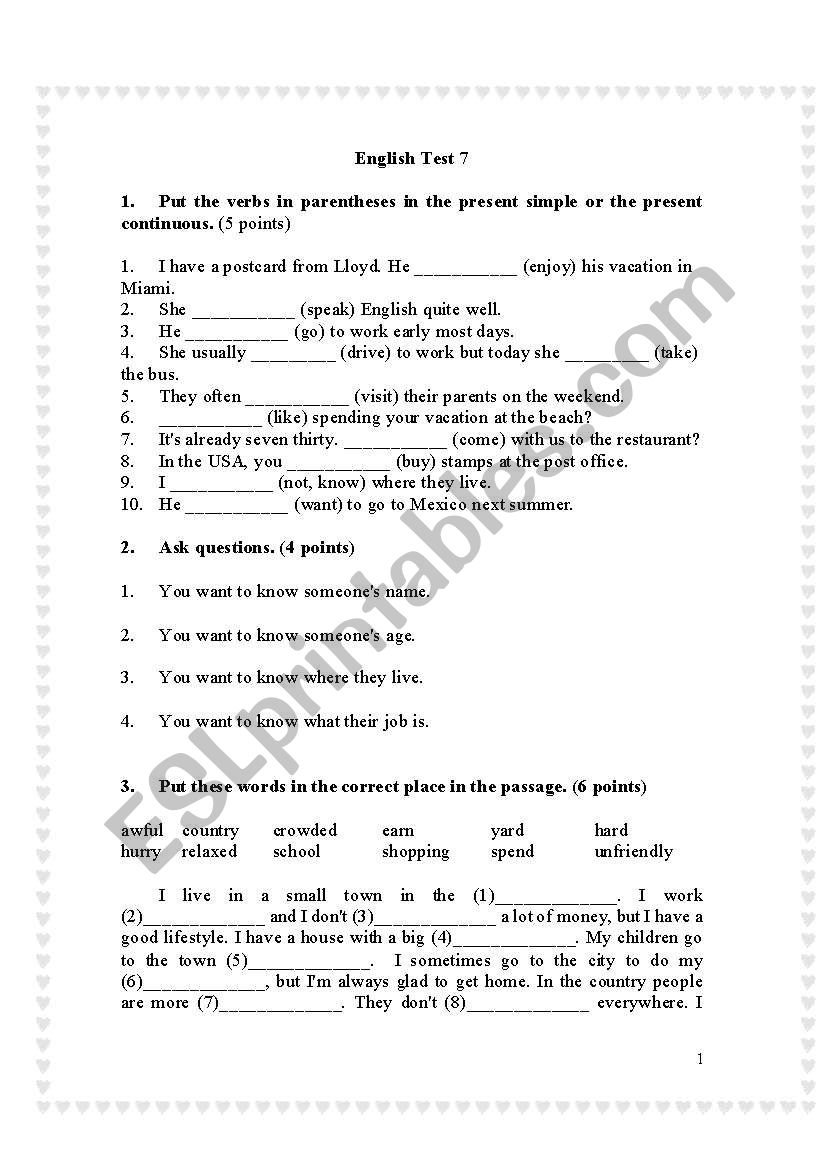 New English Test 7 worksheet