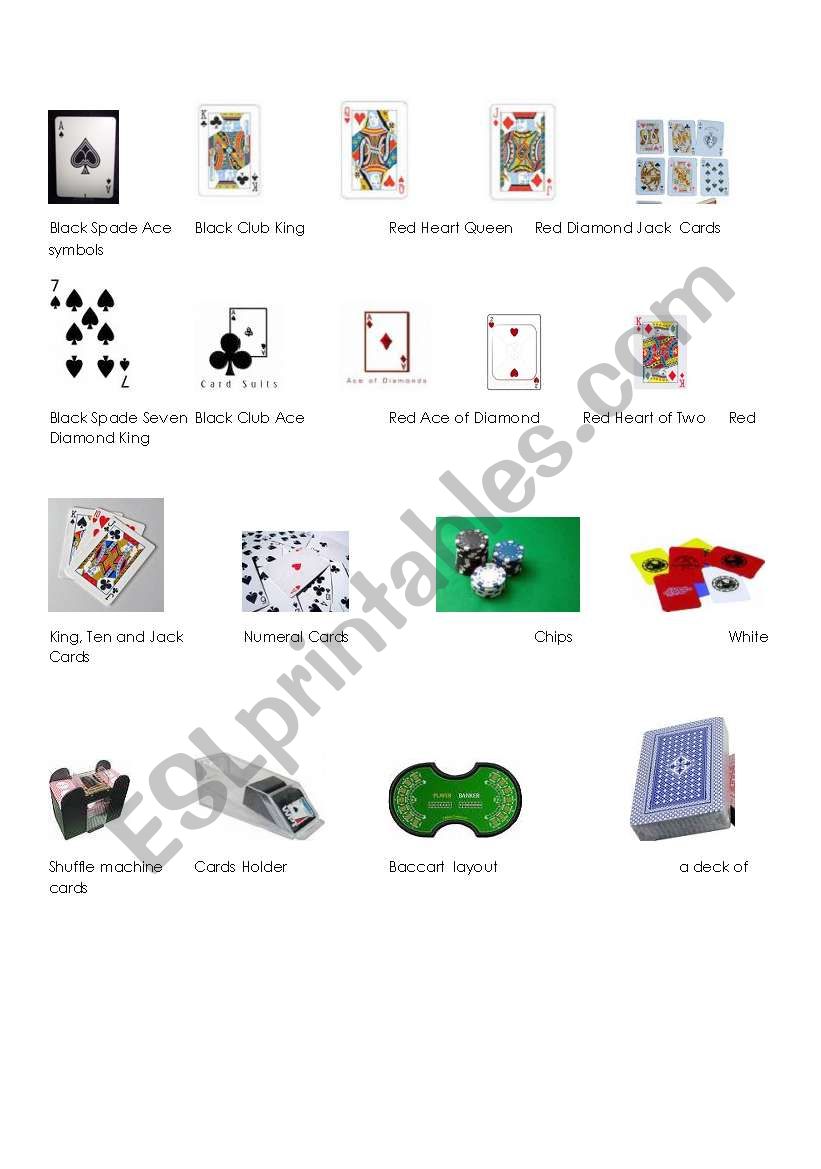 Casino Card Game Equipments worksheet