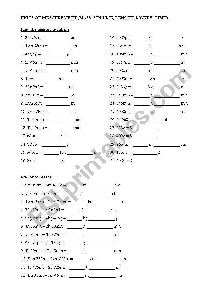 Units Of Measure Worksheets