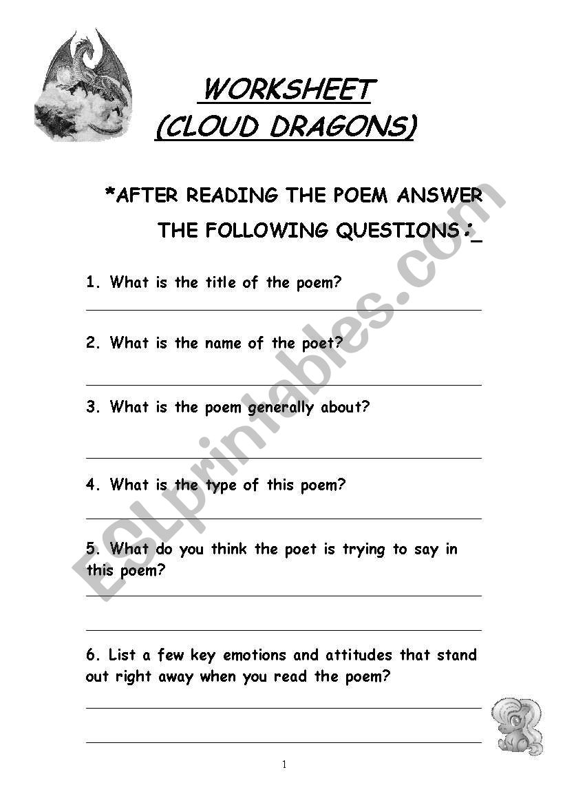 poem cloud dragons worksheet