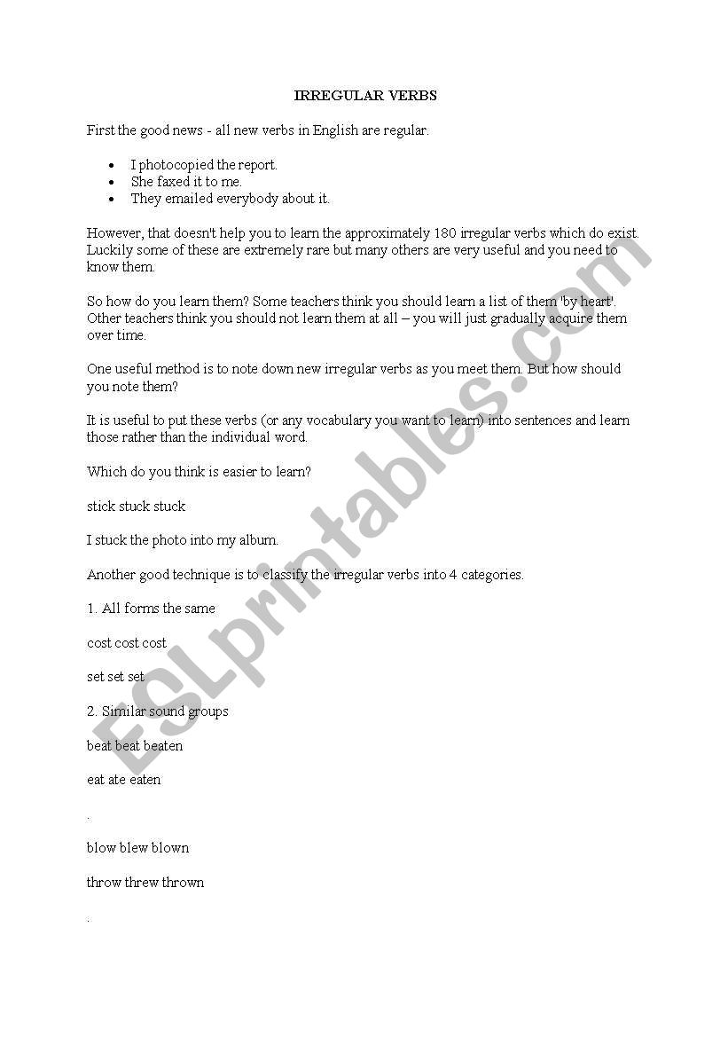 English Worksheets Irregular Vebs 9509