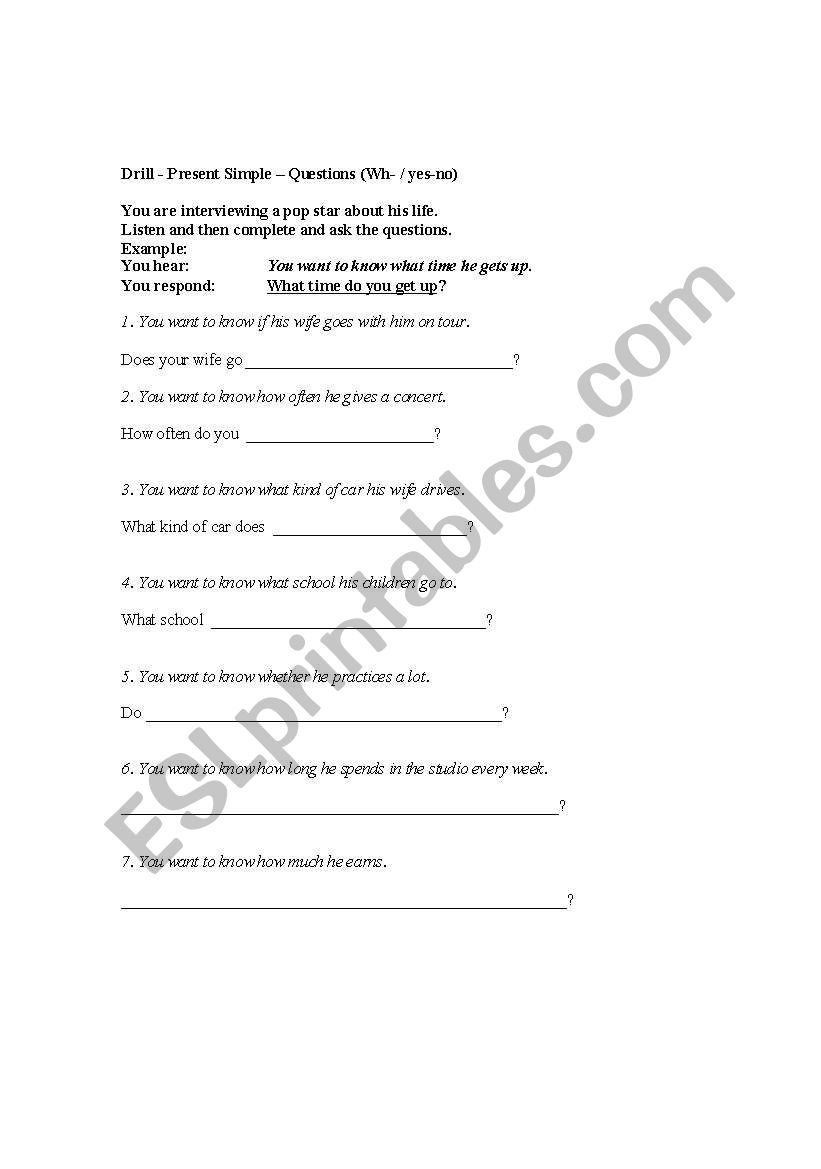 Drill Wh- questions worksheet