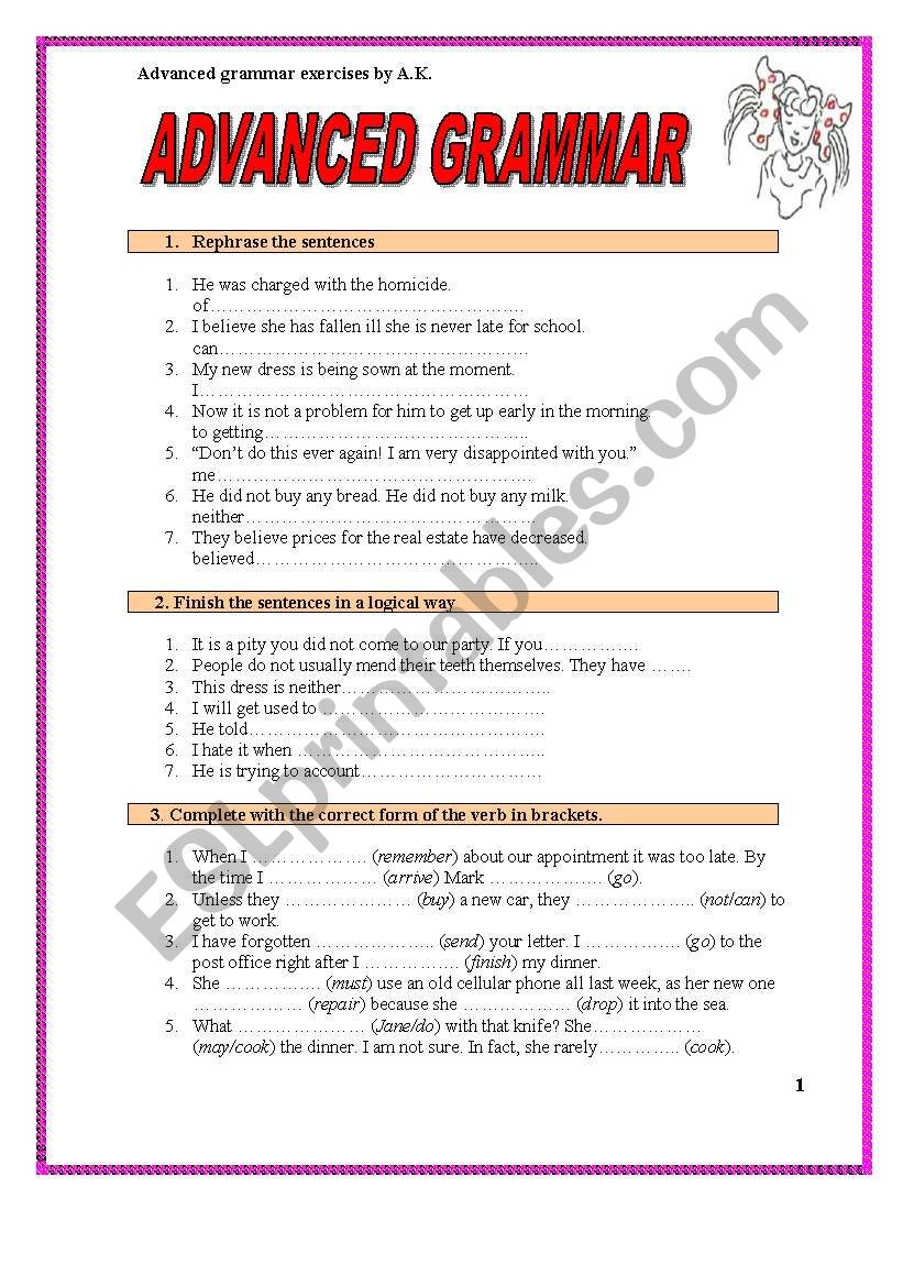 7 PAGES OF ADVANCED GRAMMAR EXERCISES WITH A KEY ESL Worksheet By Allakoalla