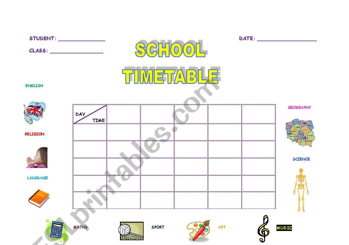 School Timetable worksheet