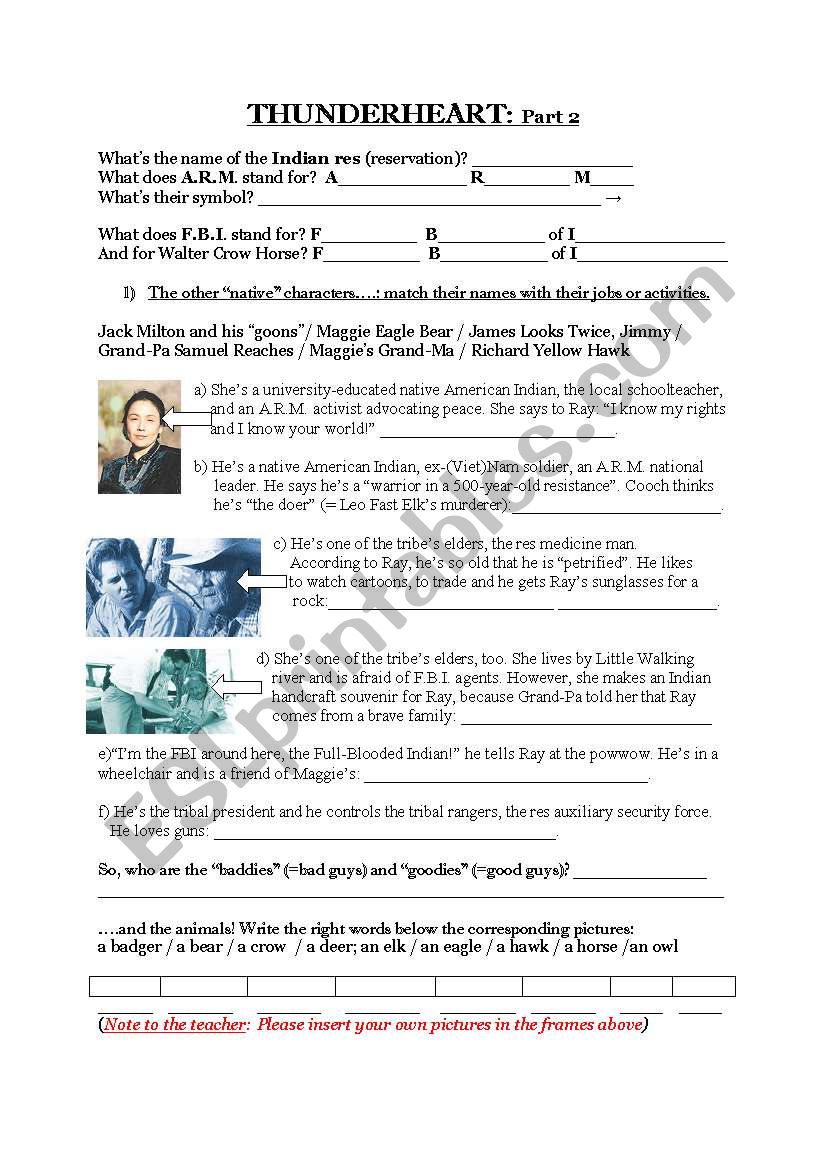 Thunderheart The Movie Esl Worksheet By Francoisev