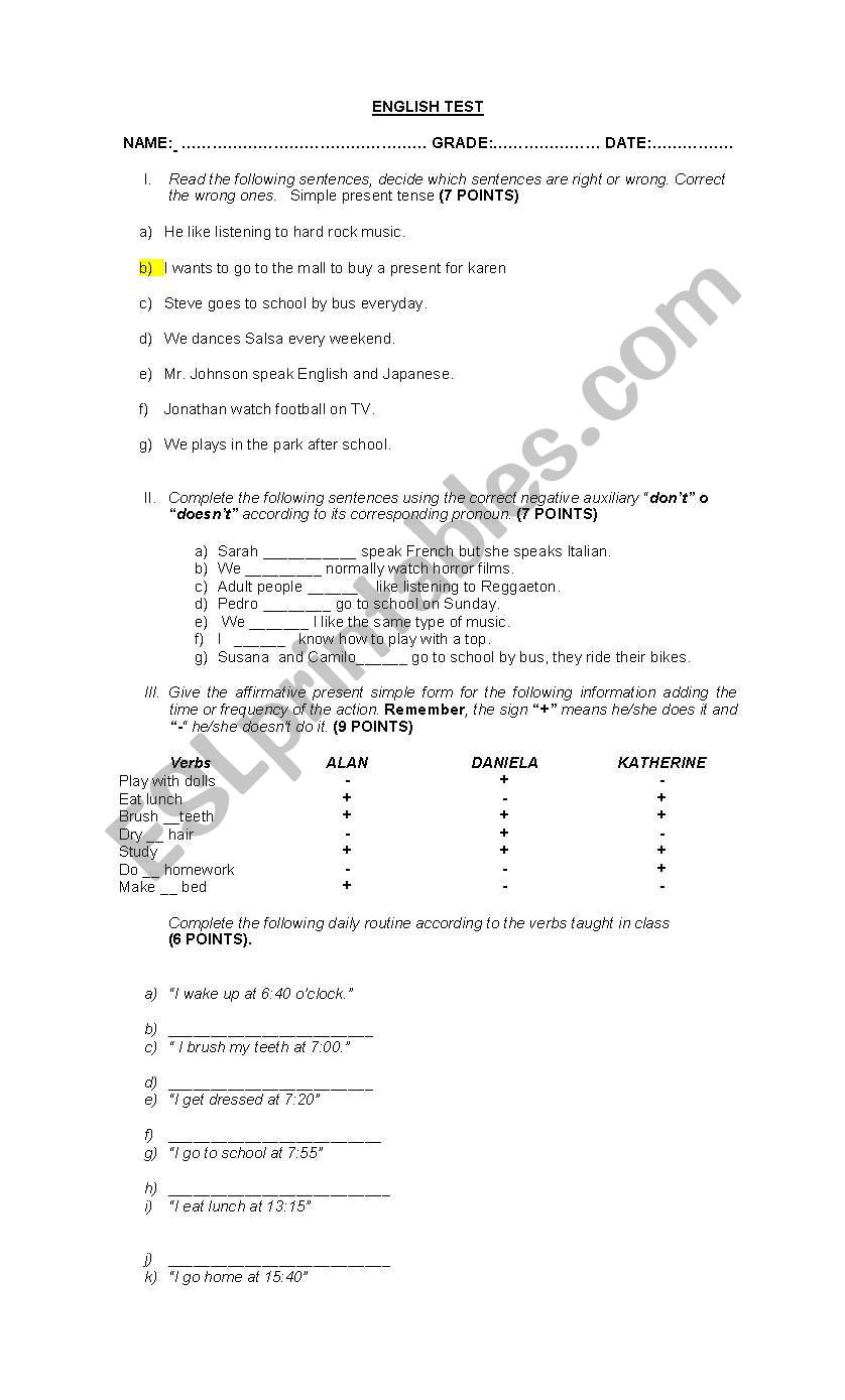 Test about Present Simple worksheet