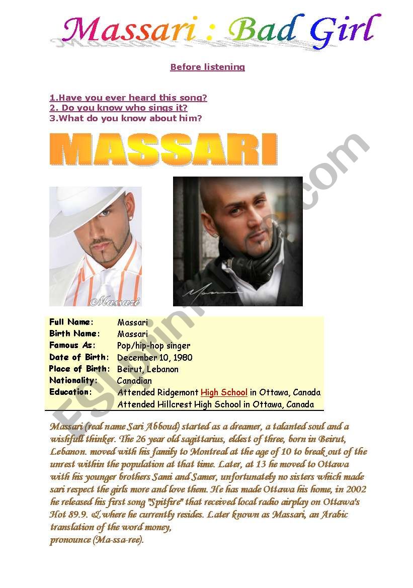 Massari-bad girl worksheet