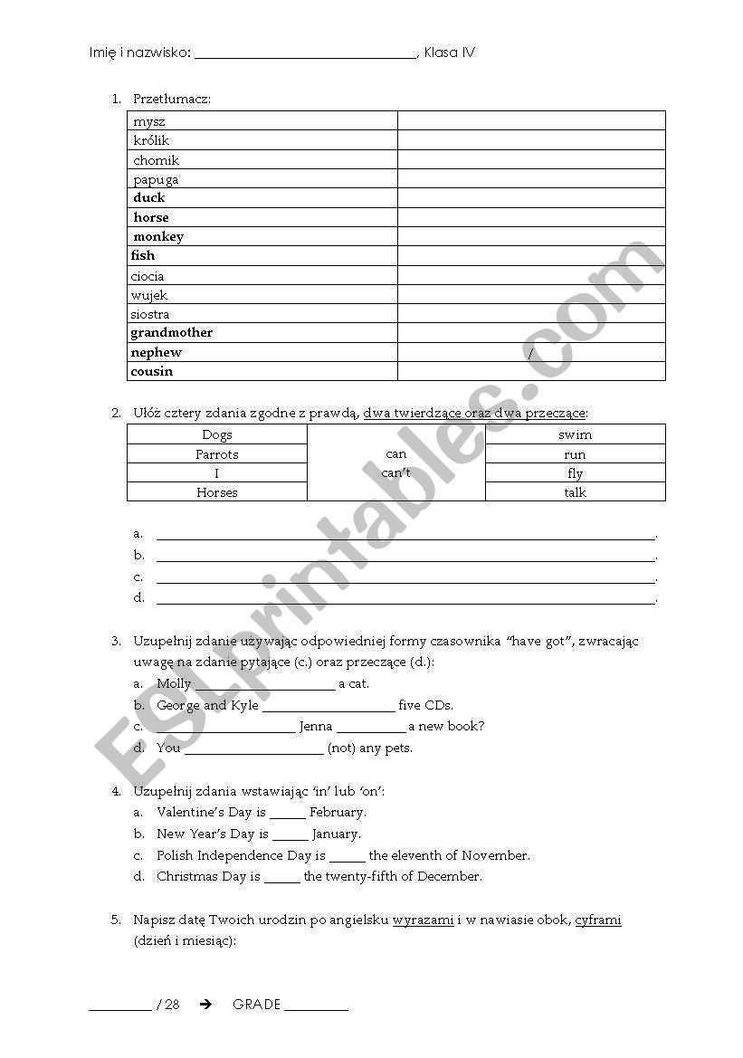 English - Polish Test worksheet