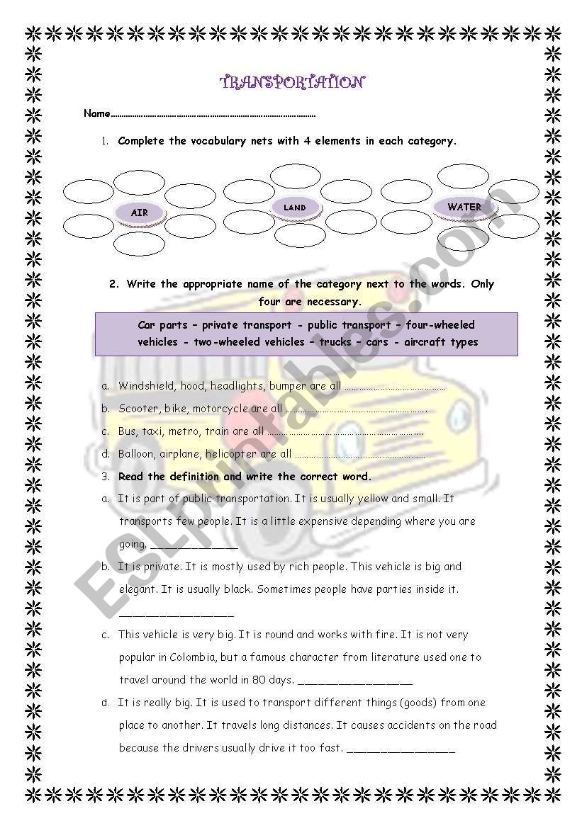 Transportation worksheet