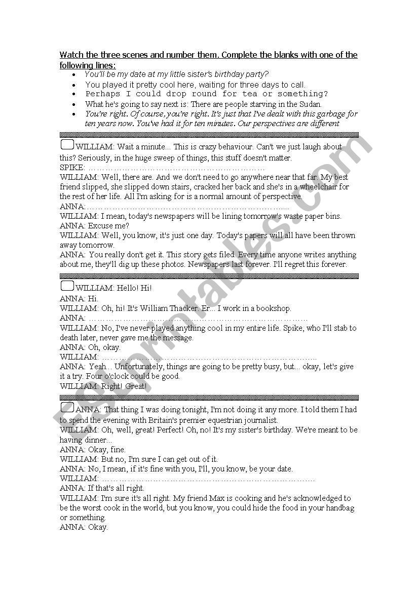 film exs Notting Hill worksheet