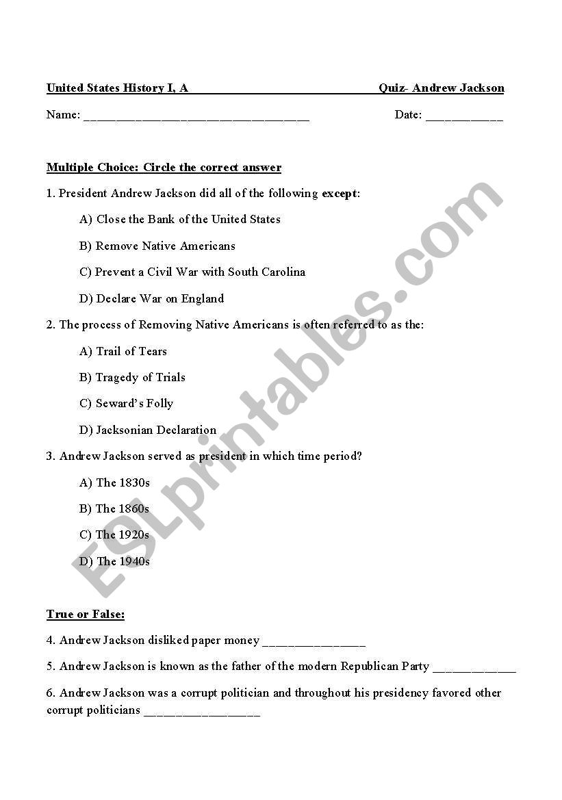 Andrew Jackson Quiz worksheet