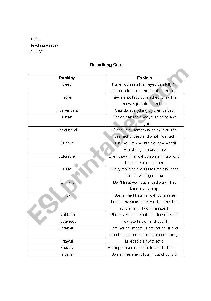 describing cats worksheet