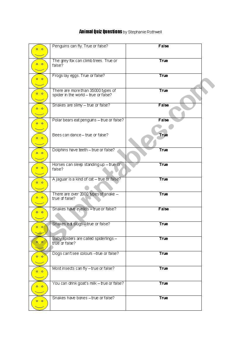 Animals quiz worksheet