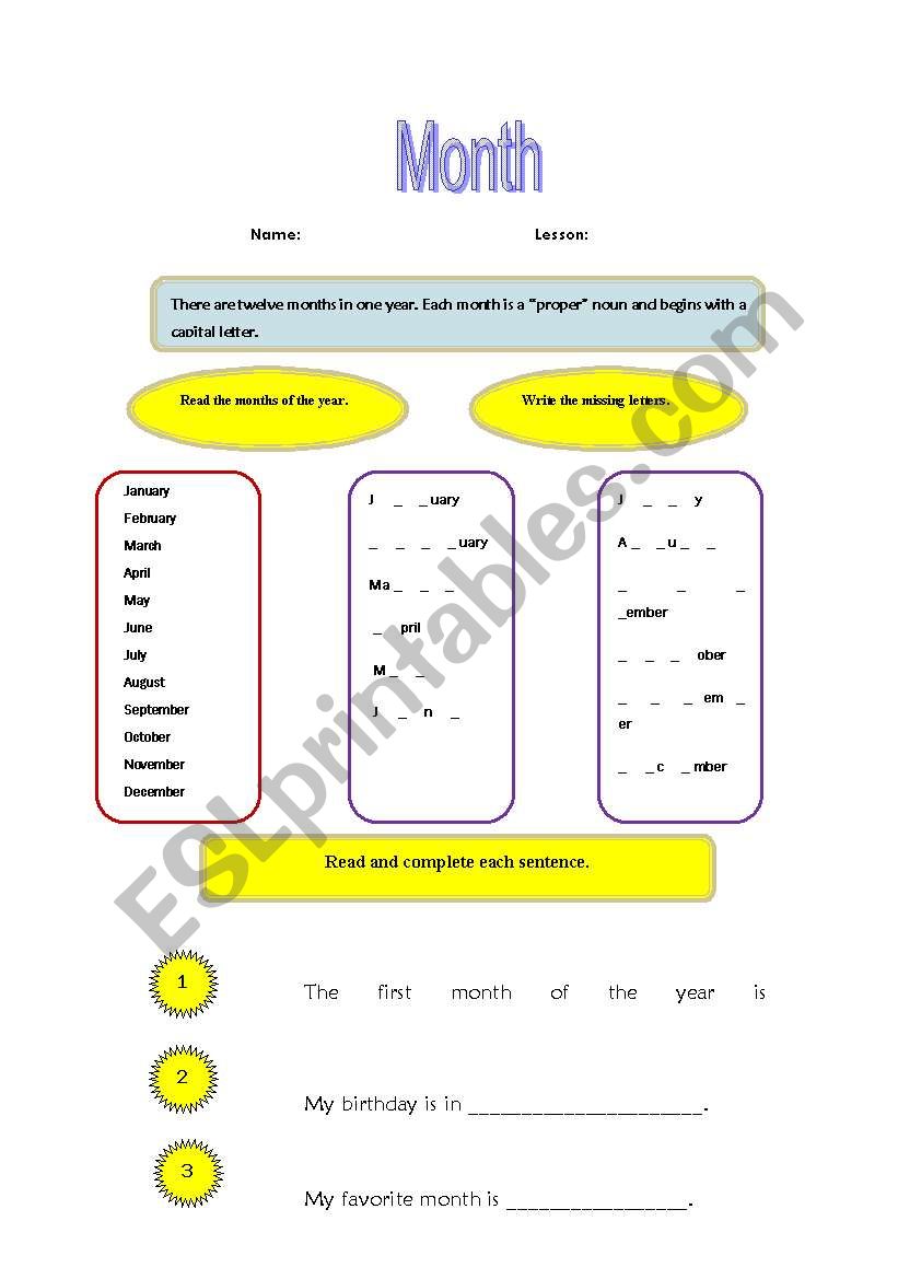 months  worksheet