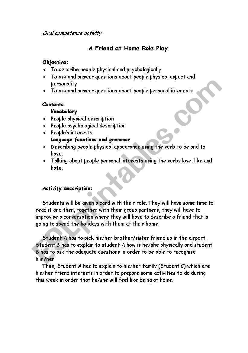 A Friend at Home Role Play worksheet