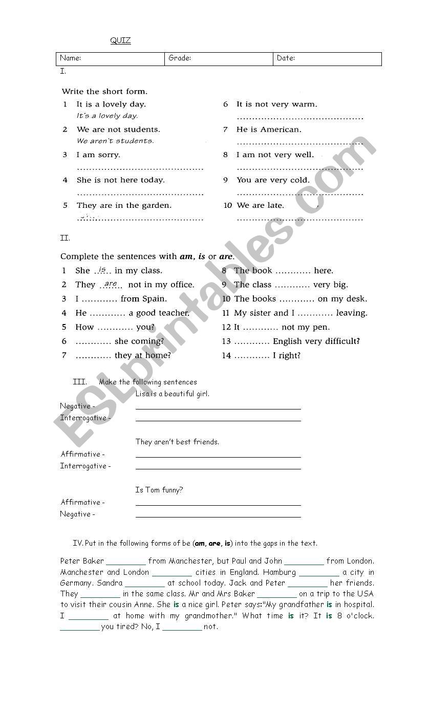 Quiz Verb tobe worksheet