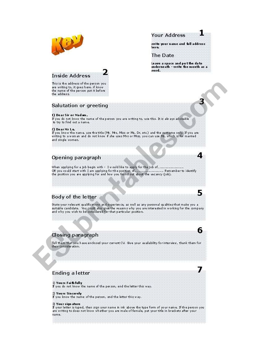 formal letter key worksheet