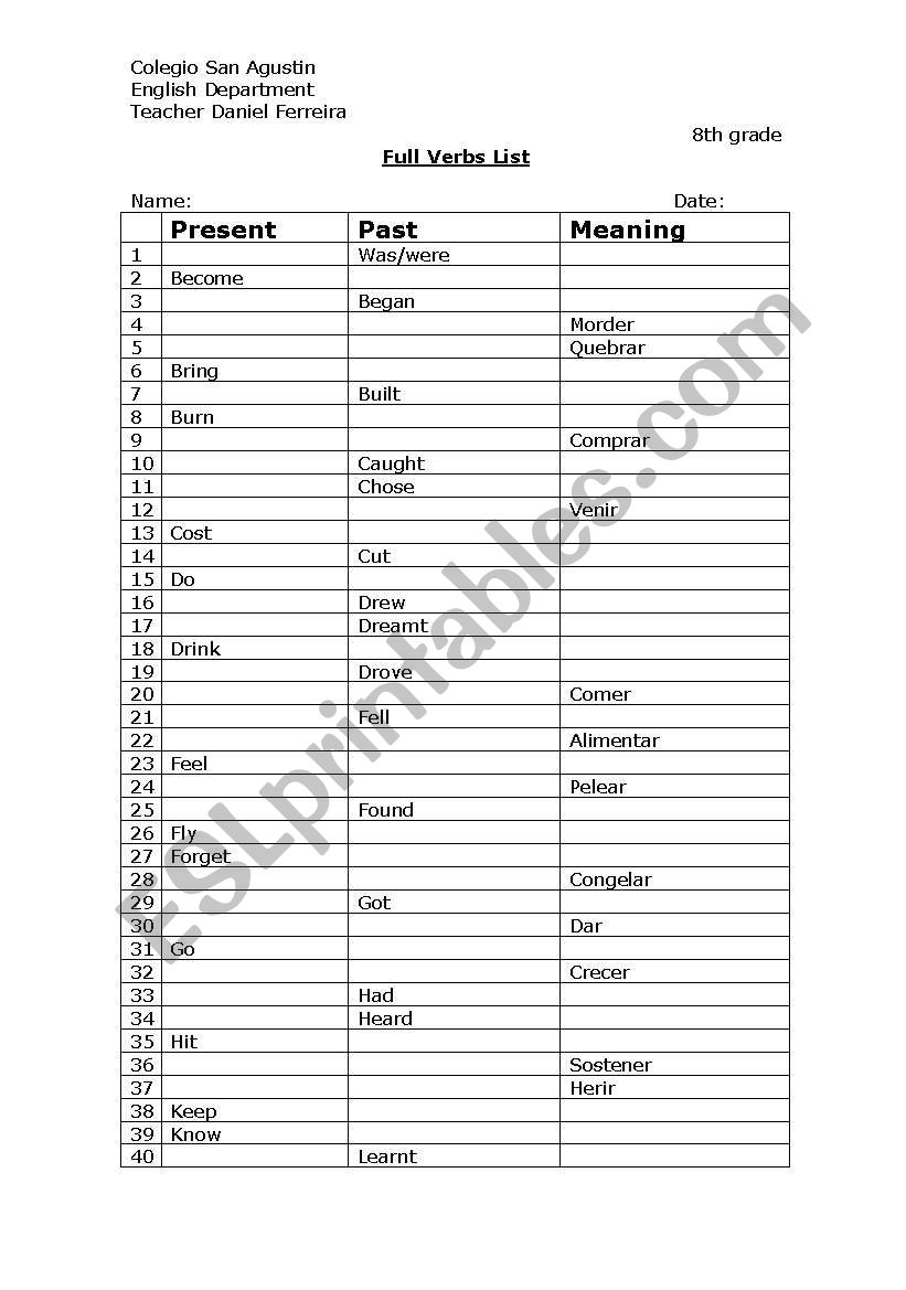Full verbs list test worksheet
