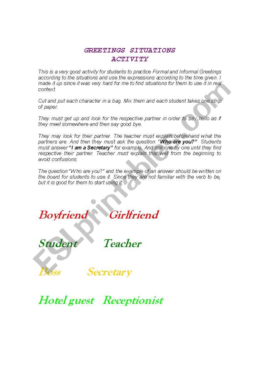 Greetings Situations activity worksheet
