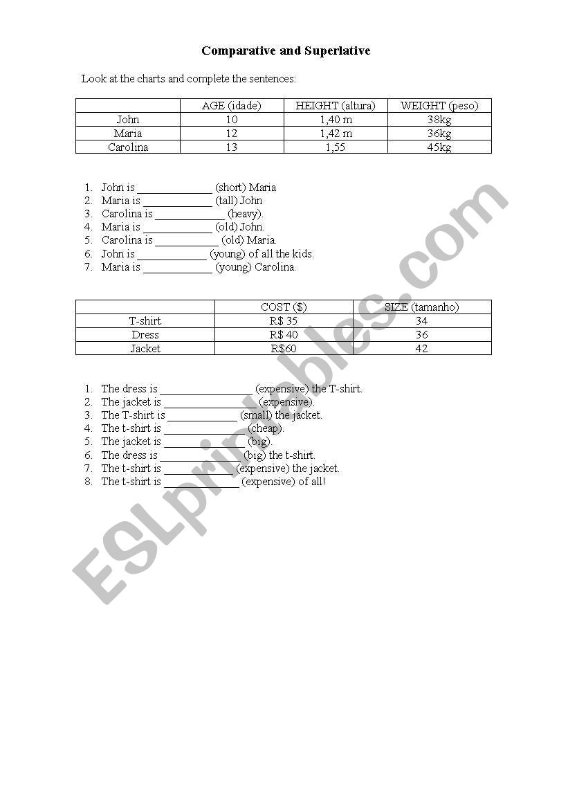 Comparative and Superlative Exercises with chart